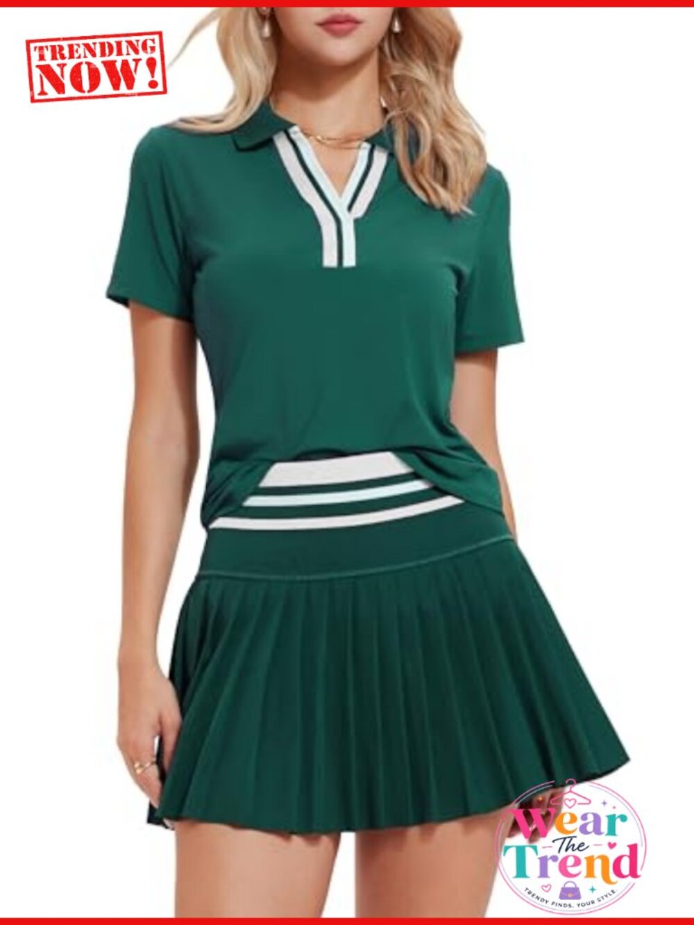Women's Pleated Tennis Skirt Set Polo V-Neck Golf Pickleball Outfit
